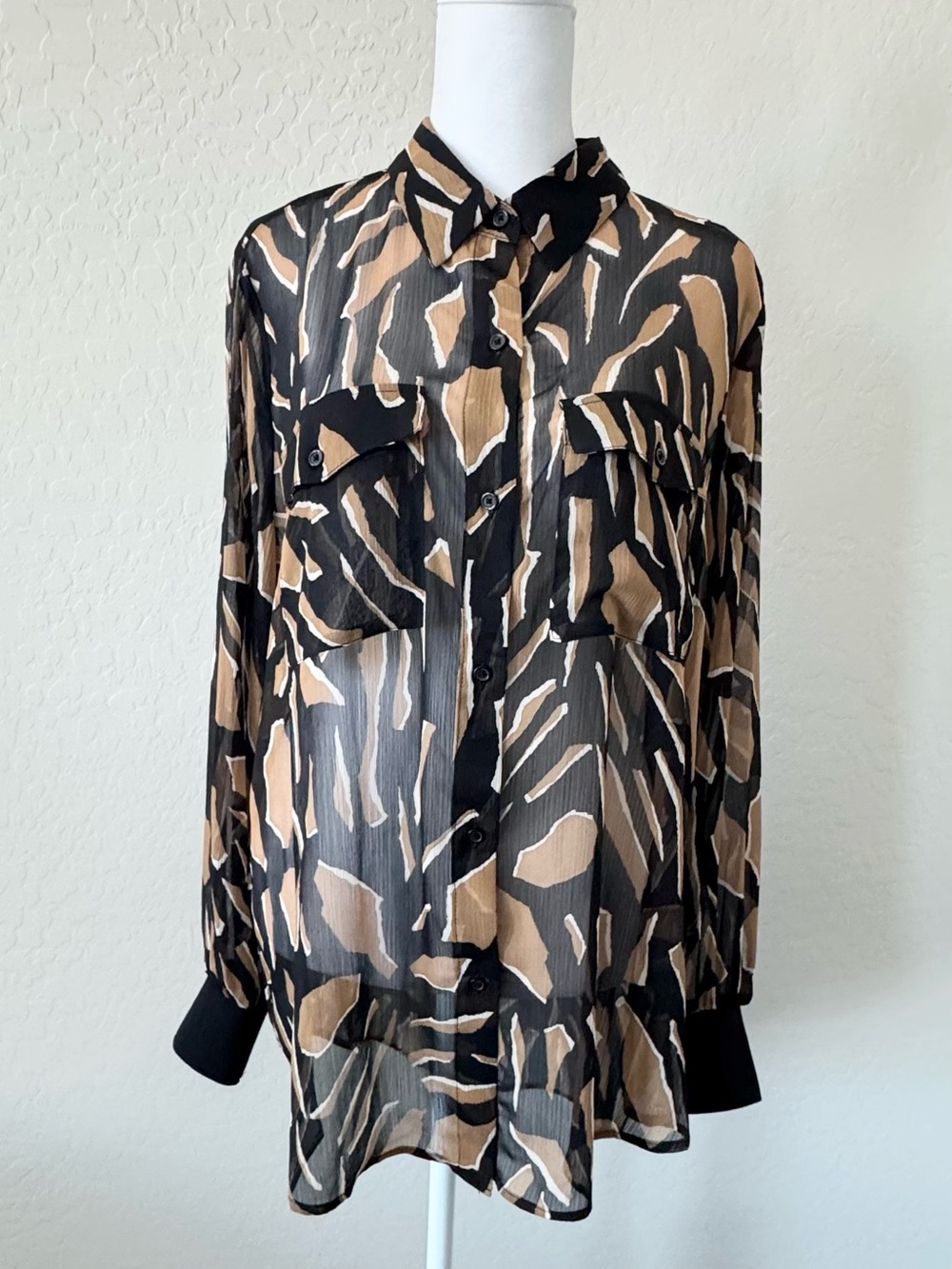 DKNY Chiffon Tan Black Abstract Print Button Up Blouse Shirt